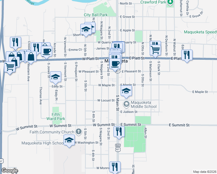 map of restaurants, bars, coffee shops, grocery stores, and more near 311 S 2nd St in Maquoketa
