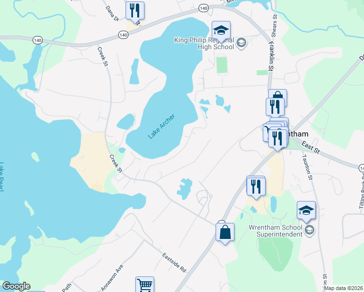 map of restaurants, bars, coffee shops, grocery stores, and more near 132 Lakeside Avenue in Wrentham