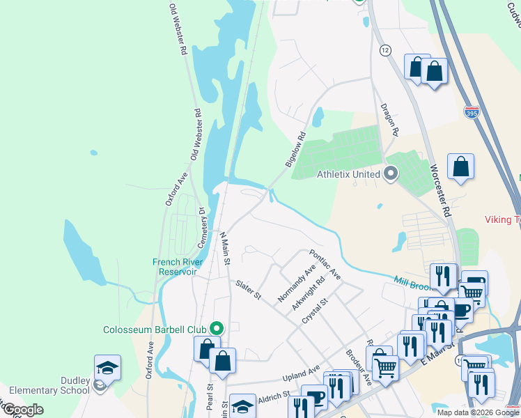 map of restaurants, bars, coffee shops, grocery stores, and more near 7 Genevieve Lane in Webster
