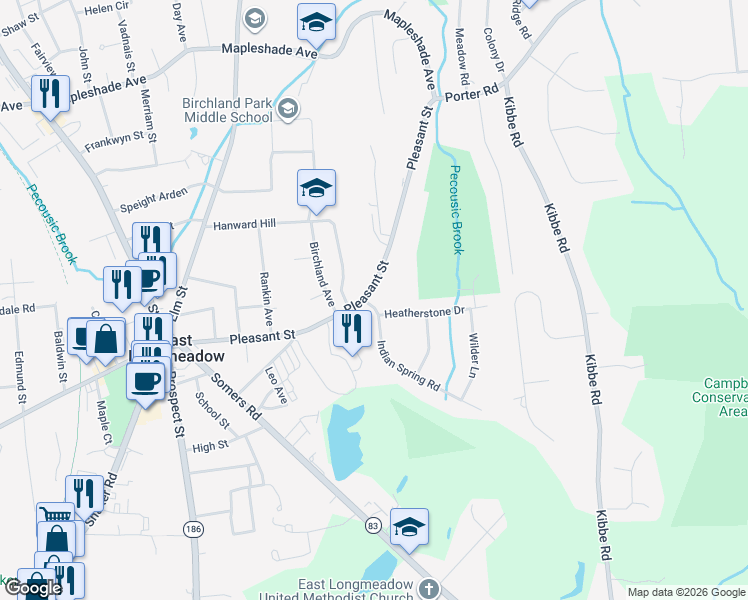 map of restaurants, bars, coffee shops, grocery stores, and more near 115 Pleasant Street in East Longmeadow