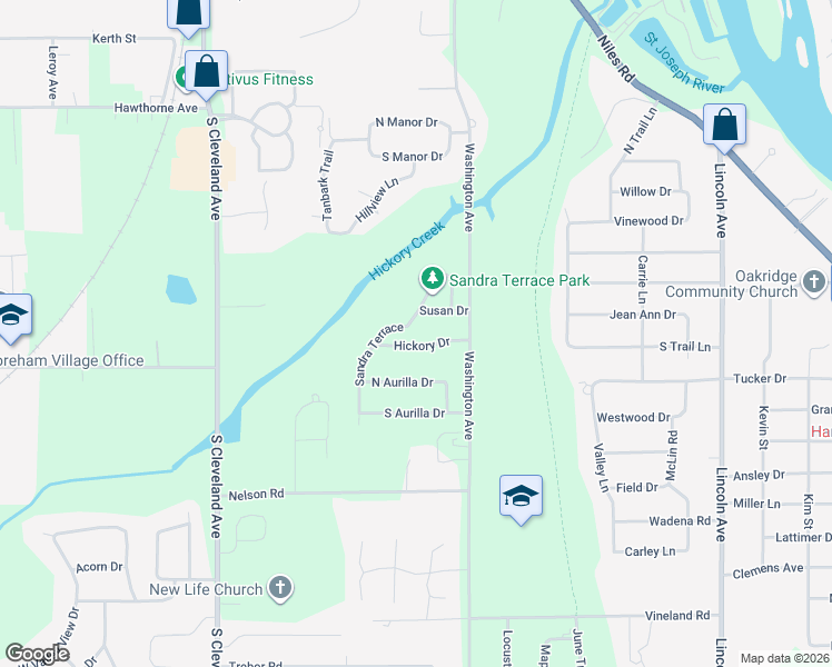 map of restaurants, bars, coffee shops, grocery stores, and more near 1385 Hickory Drive in St. Joseph