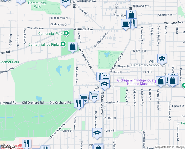 map of restaurants, bars, coffee shops, grocery stores, and more near 2652 Crawford Avenue in Evanston