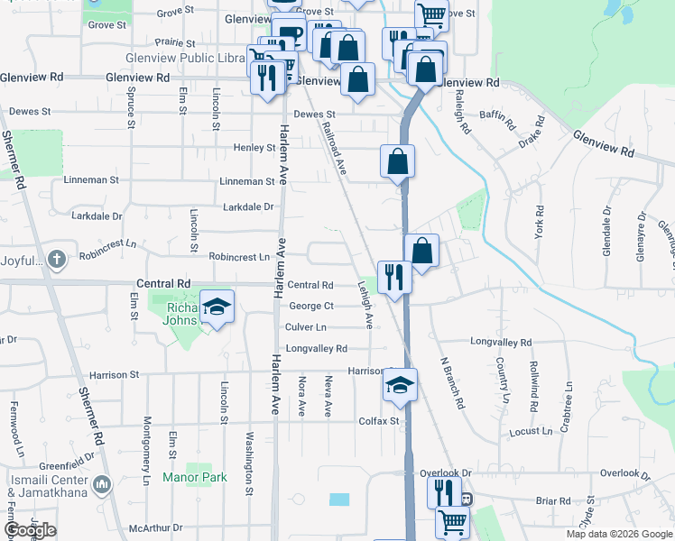map of restaurants, bars, coffee shops, grocery stores, and more near 1761 South Robincrest Lane in Glenview