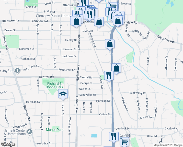 map of restaurants, bars, coffee shops, grocery stores, and more near 1811 South Robincrest Lane in Glenview