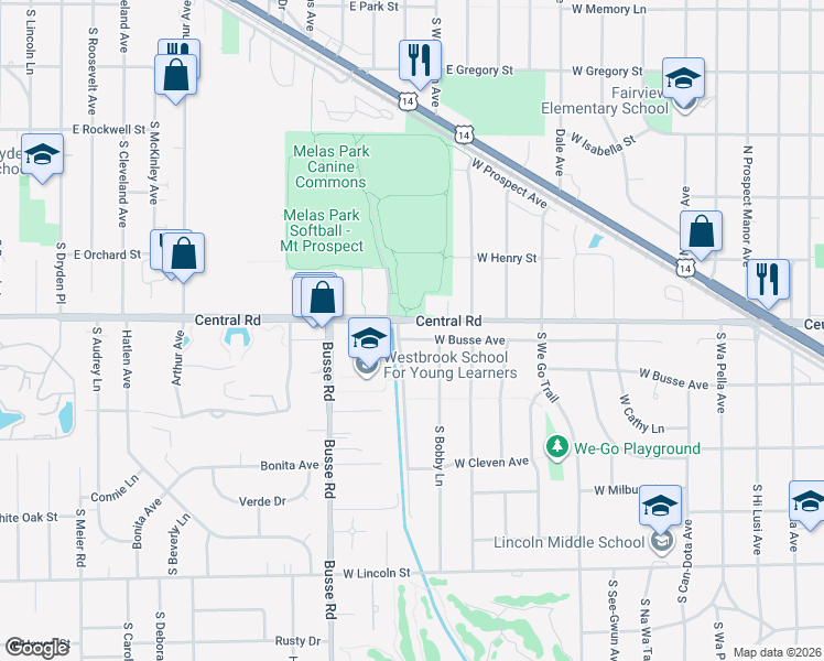 map of restaurants, bars, coffee shops, grocery stores, and more near 1404 West Busse Avenue in Mount Prospect