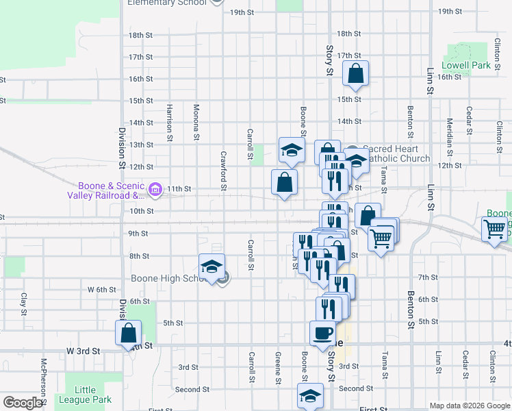 map of restaurants, bars, coffee shops, grocery stores, and more near 1004 Carroll Street in Boone