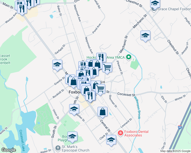 map of restaurants, bars, coffee shops, grocery stores, and more near 21 Mechanic Street in Foxborough