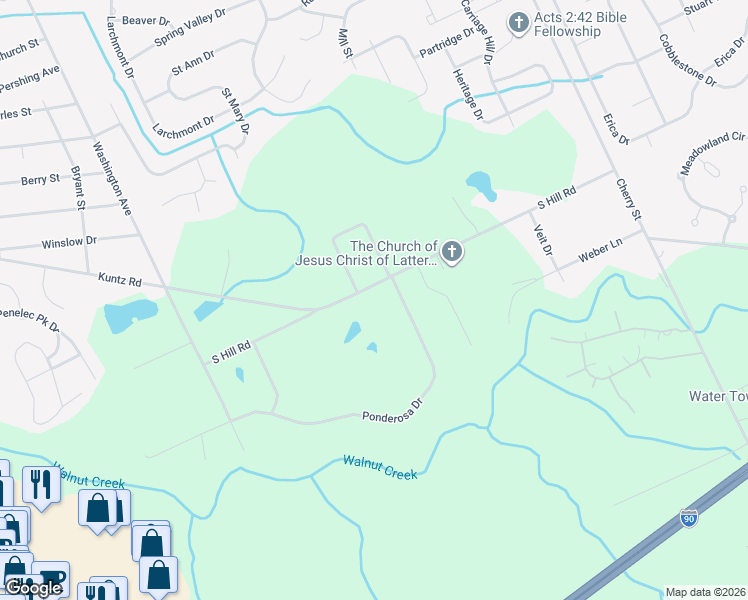 map of restaurants, bars, coffee shops, grocery stores, and more near 1225 S Hill Rd in Erie