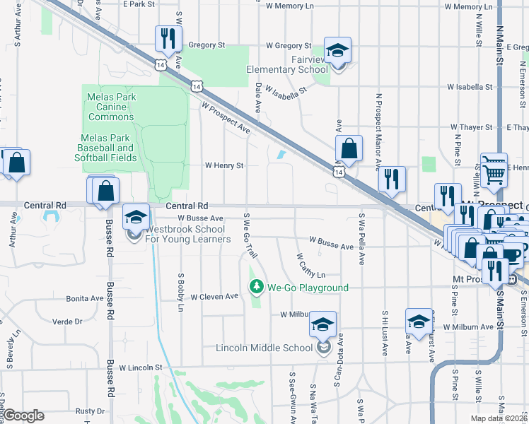 map of restaurants, bars, coffee shops, grocery stores, and more near 912 Whitegate Drive in Mount Prospect