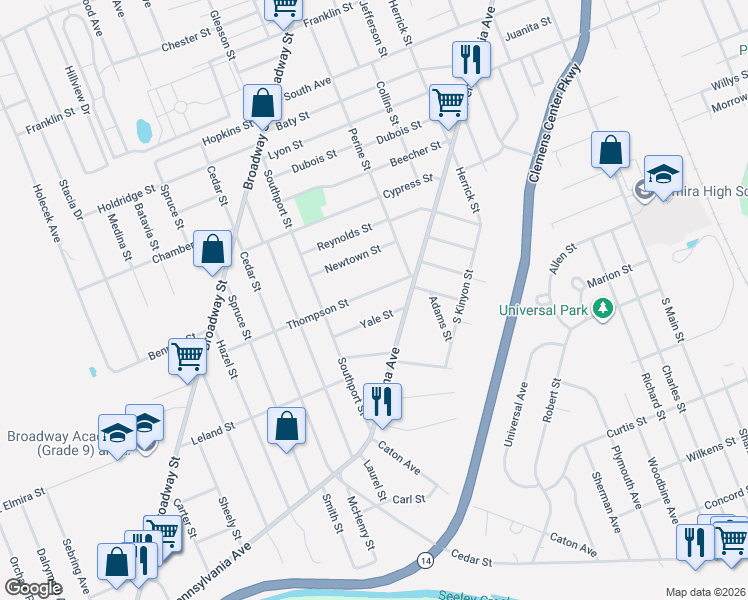 map of restaurants, bars, coffee shops, grocery stores, and more near 567 Thompson St in Elmira