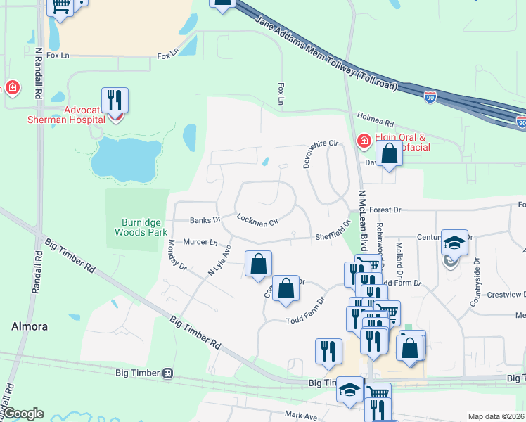 map of restaurants, bars, coffee shops, grocery stores, and more near 1353 South Madlock Court in Elgin