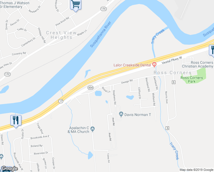 map of restaurants, bars, coffee shops, grocery stores, and more near 339 Old Owego Road in Apalachin