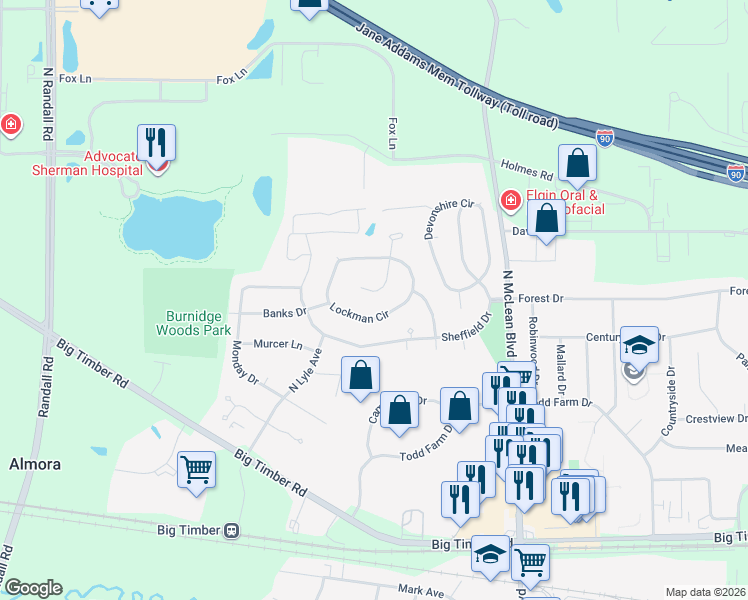 map of restaurants, bars, coffee shops, grocery stores, and more near 1353 South Madlock Court in Elgin
