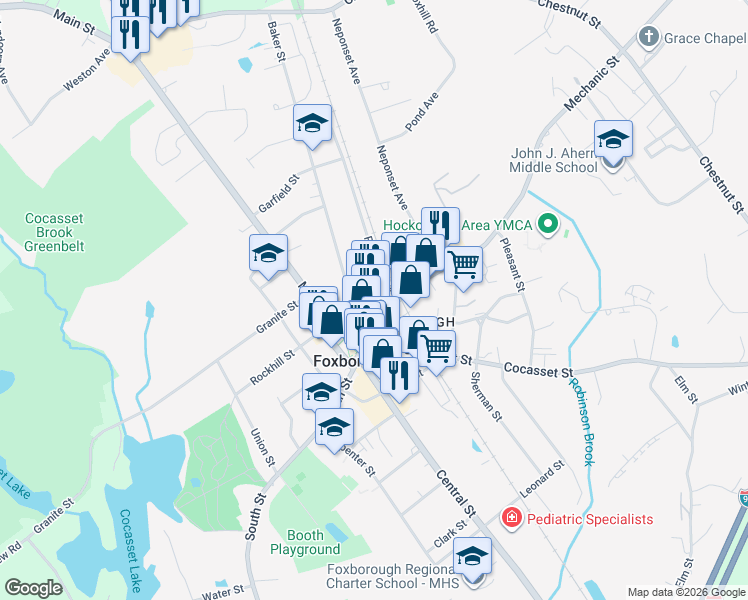 map of restaurants, bars, coffee shops, grocery stores, and more near 27 Bird Street in Foxborough