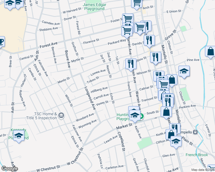 map of restaurants, bars, coffee shops, grocery stores, and more near 76 Hillberg Avenue in Brockton