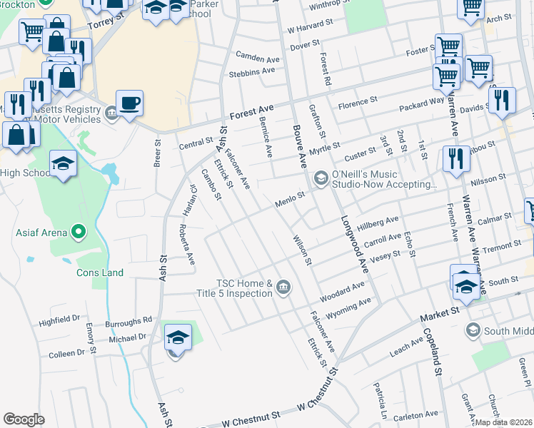 map of restaurants, bars, coffee shops, grocery stores, and more near 278 Menlo Street in Brockton