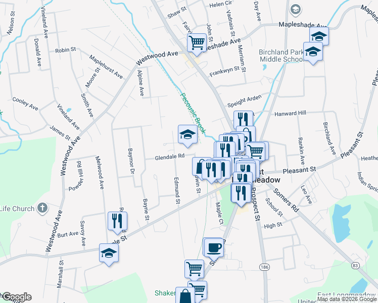 map of restaurants, bars, coffee shops, grocery stores, and more near 45 Baldwin Street in East Longmeadow
