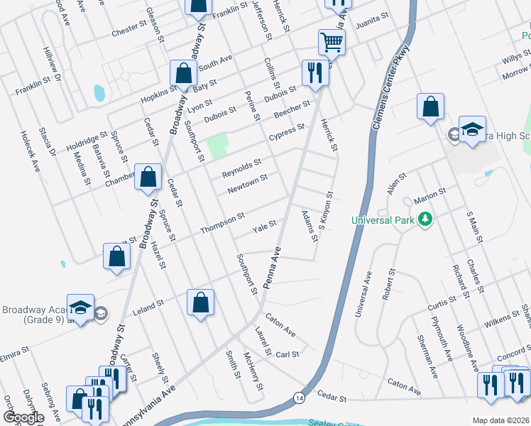 map of restaurants, bars, coffee shops, grocery stores, and more near 567 Thompson St in Elmira