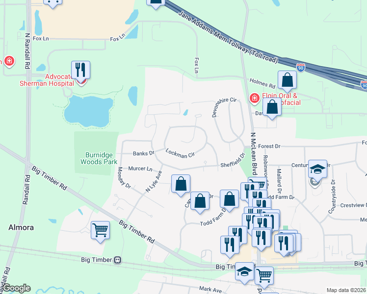 map of restaurants, bars, coffee shops, grocery stores, and more near 1353 South Madlock Court in Elgin