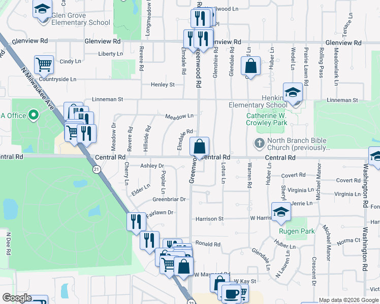map of restaurants, bars, coffee shops, grocery stores, and more near 602 Greenwood Road in Glenview