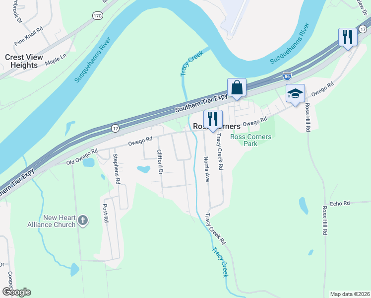 map of restaurants, bars, coffee shops, grocery stores, and more near 221 Eastland Rd in Vestal