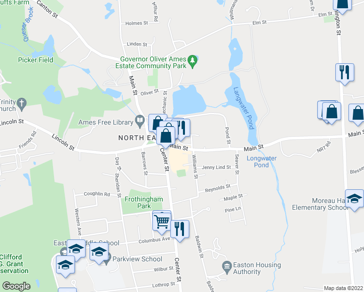 map of restaurants, bars, coffee shops, grocery stores, and more near 124 Main Street in Easton