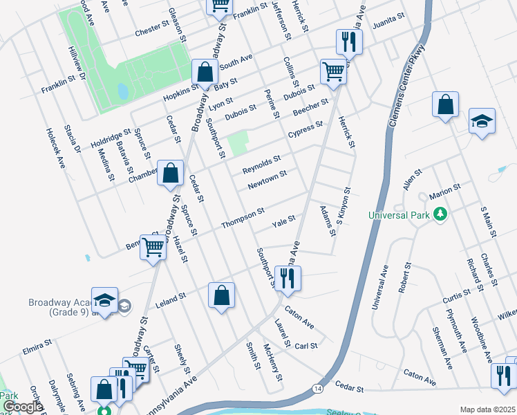 map of restaurants, bars, coffee shops, grocery stores, and more near 582 Thompson Street in Elmira
