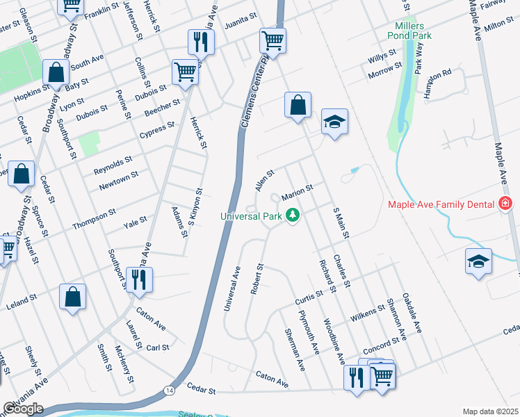map of restaurants, bars, coffee shops, grocery stores, and more near 253 Allen Street in Elmira