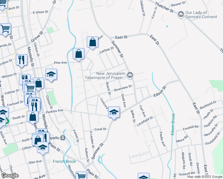 map of restaurants, bars, coffee shops, grocery stores, and more near 130 Riverview Street in Brockton