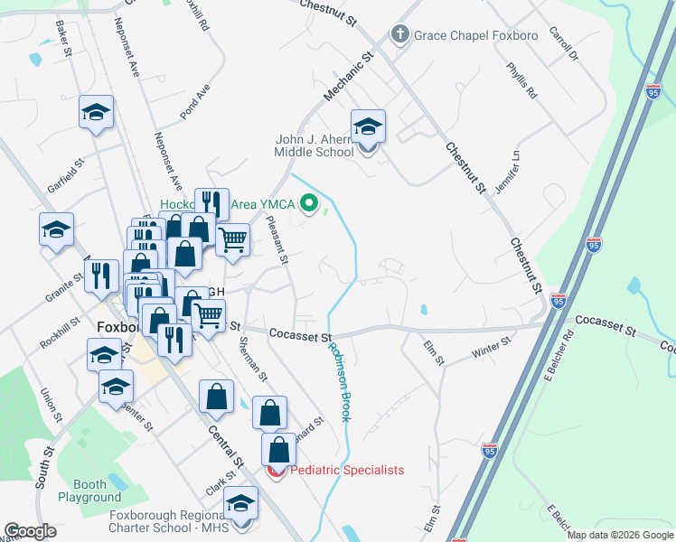 map of restaurants, bars, coffee shops, grocery stores, and more near 26 Fuller Road in Foxborough