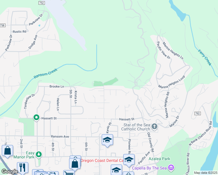 map of restaurants, bars, coffee shops, grocery stores, and more near 630 Meadow Lane in Brookings