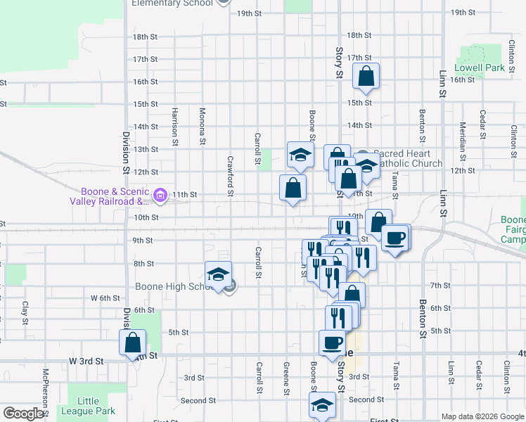 map of restaurants, bars, coffee shops, grocery stores, and more near 1004 Carroll Street in Boone
