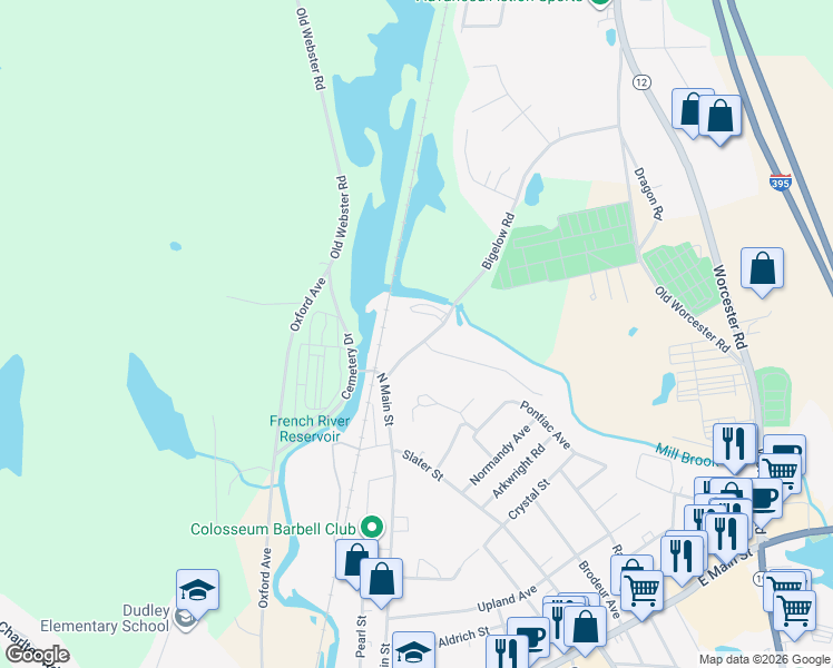 map of restaurants, bars, coffee shops, grocery stores, and more near 15 Bigelow Road in Webster