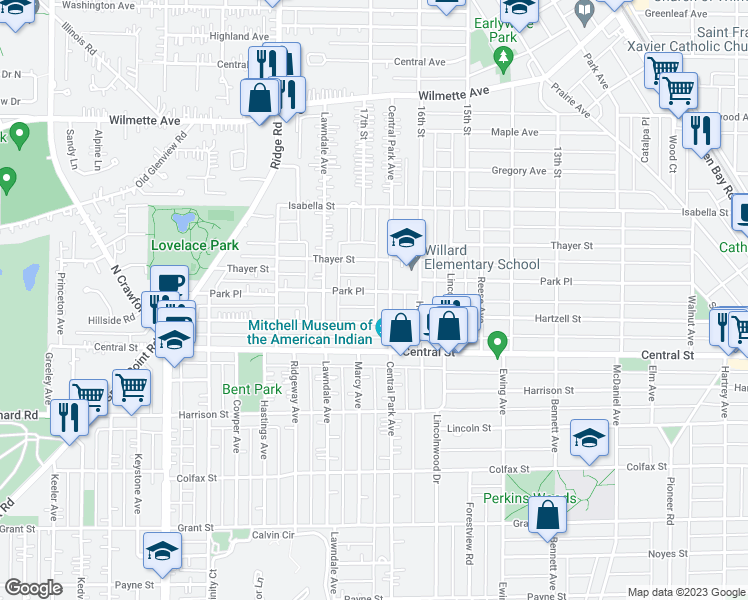 map of restaurants, bars, coffee shops, grocery stores, and more near 3012 Park Place in Evanston