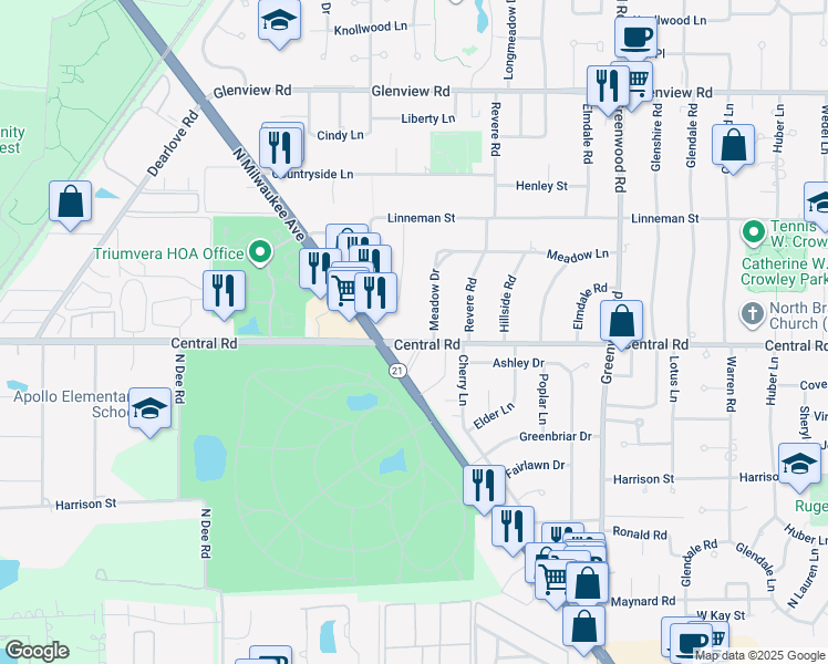 map of restaurants, bars, coffee shops, grocery stores, and more near 3614 Central Road in Glenview