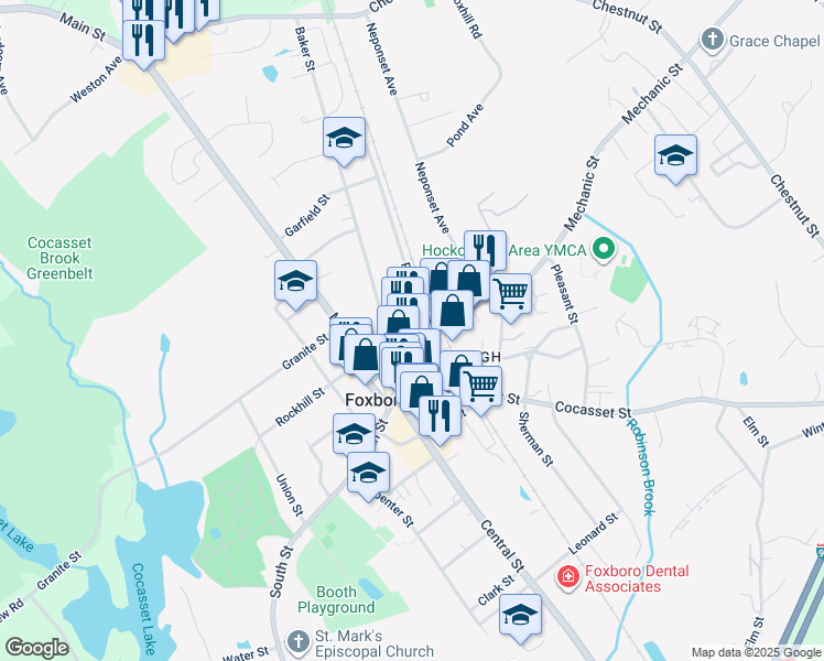 map of restaurants, bars, coffee shops, grocery stores, and more near 21 Bird Street in Foxborough