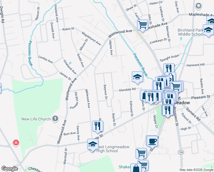 map of restaurants, bars, coffee shops, grocery stores, and more near 46 Baymor Drive in East Longmeadow