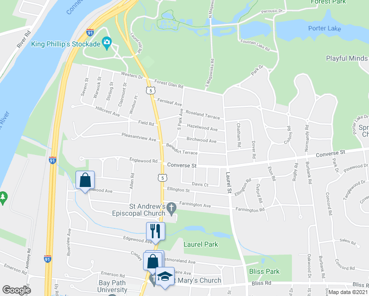 map of restaurants, bars, coffee shops, grocery stores, and more near 40 Benedict Terrace in Longmeadow