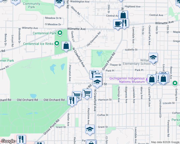 map of restaurants, bars, coffee shops, grocery stores, and more near 2652 Crawford Avenue in Evanston