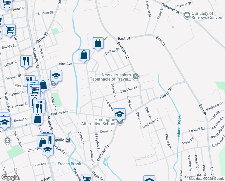 map of restaurants, bars, coffee shops, grocery stores, and more near 130 Riverview Street in Brockton