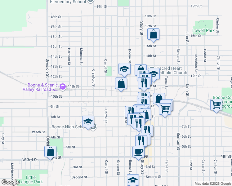 map of restaurants, bars, coffee shops, grocery stores, and more near 631 10th Street in Boone