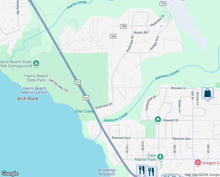 map of restaurants, bars, coffee shops, grocery stores, and more near 1099 Parkview Drive in Brookings