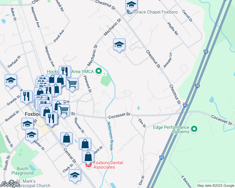 map of restaurants, bars, coffee shops, grocery stores, and more near 19 Fuller Road in Foxborough