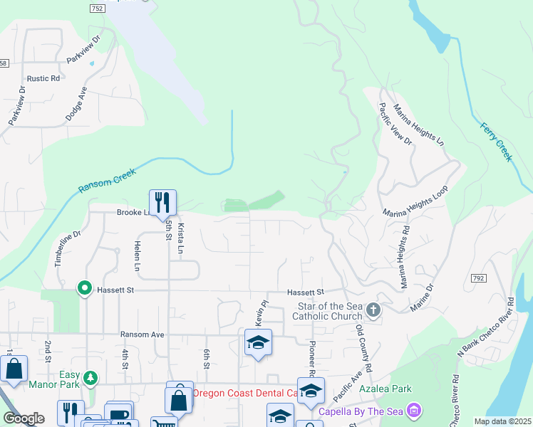 map of restaurants, bars, coffee shops, grocery stores, and more near 630 Meadow Lane in Brookings