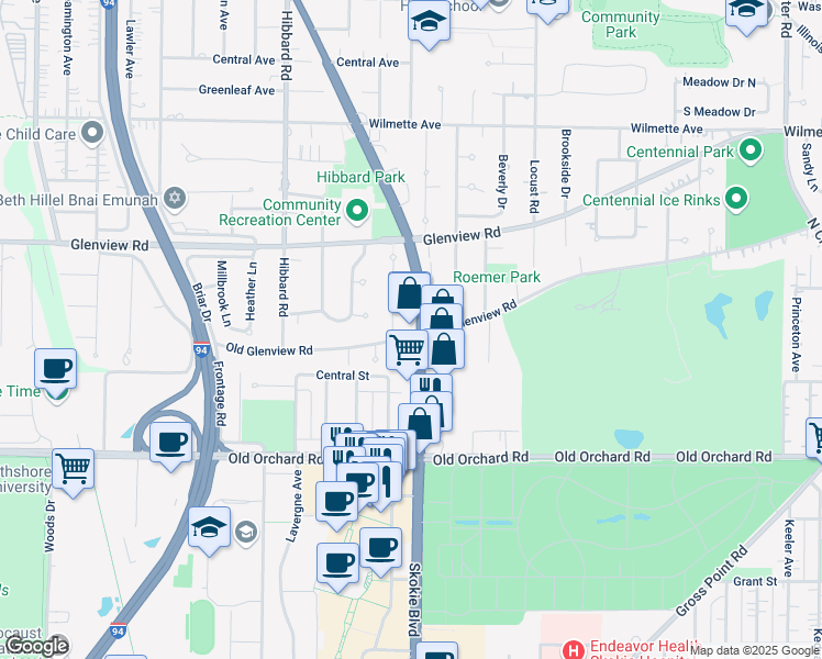 map of restaurants, bars, coffee shops, grocery stores, and more near 139 Skokie Boulevard in Wilmette