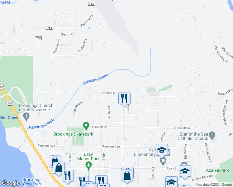 map of restaurants, bars, coffee shops, grocery stores, and more near 23213 Brooke Ln in Brookings