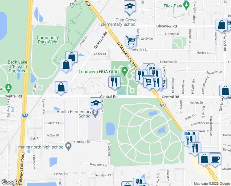 map of restaurants, bars, coffee shops, grocery stores, and more near 4152 Central Road in Glenview