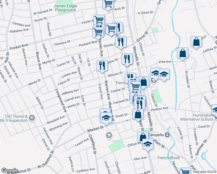 map of restaurants, bars, coffee shops, grocery stores, and more near 958 Warren Avenue in Brockton