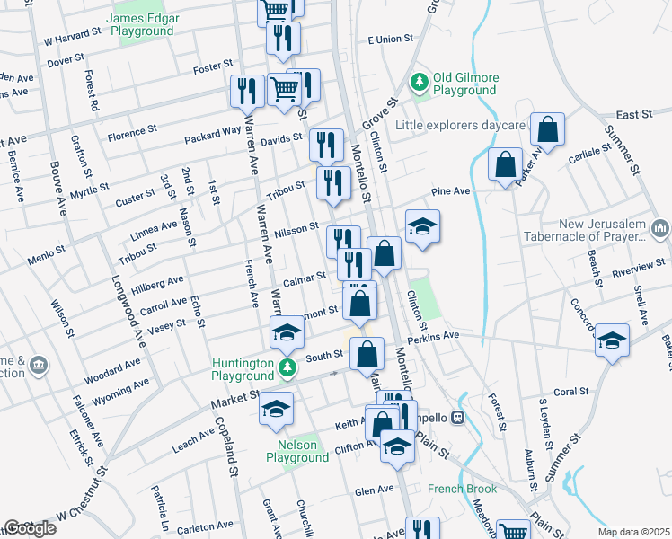 map of restaurants, bars, coffee shops, grocery stores, and more near 4 Essex Street in Brockton