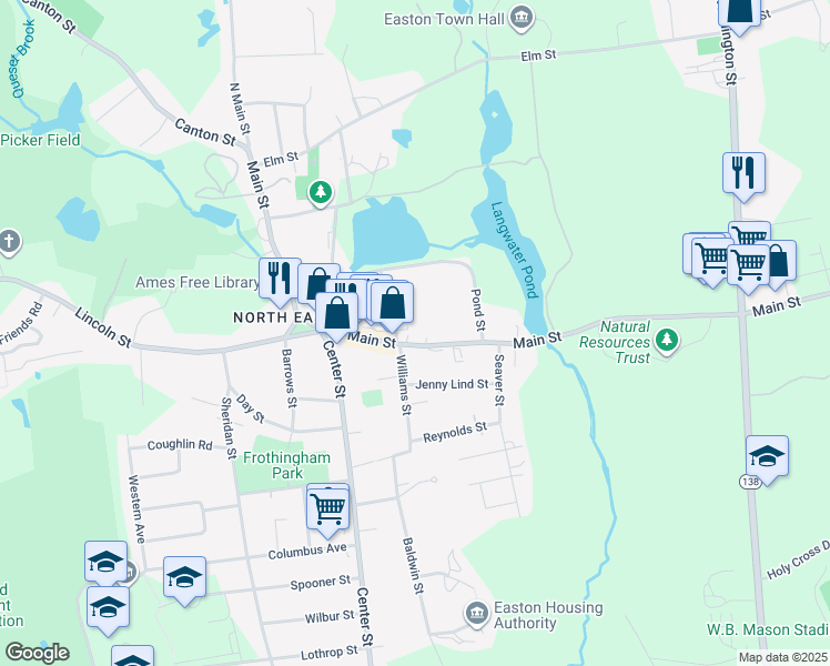 map of restaurants, bars, coffee shops, grocery stores, and more near 168 Main Street in Easton
